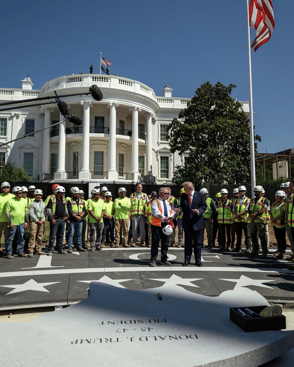 President Trump with workers at the White House